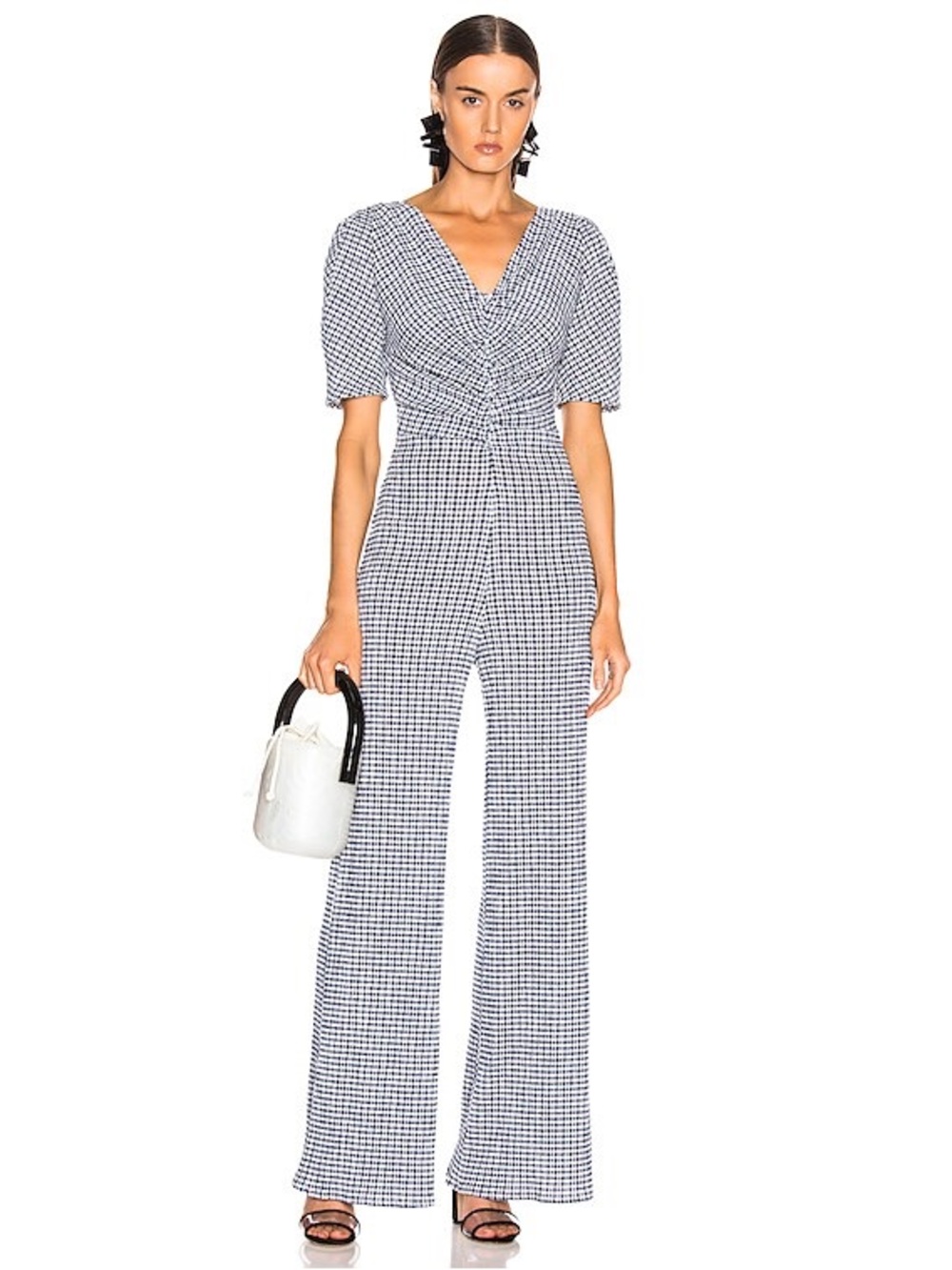 STAUD Navy & White Gingham V Neck Wide Leg Fraise Jumpsuit size 6